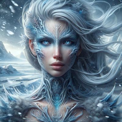 The primary subject of the image is a woman with white hair and blue eyes. She is wearing a white dress and has a blue and white design on her face. The setting is a snowy environment, with a mountain in the background. The visual style is digital art, and the colors and mood are cold and serene.